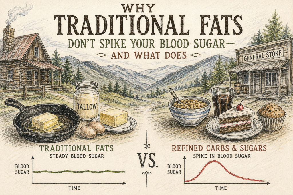 Why traditional fats like lard butter and tallow keep blood sugar steady while refined carbs and sugars cause spikes — illustrated with Appalachian mountain backdrop